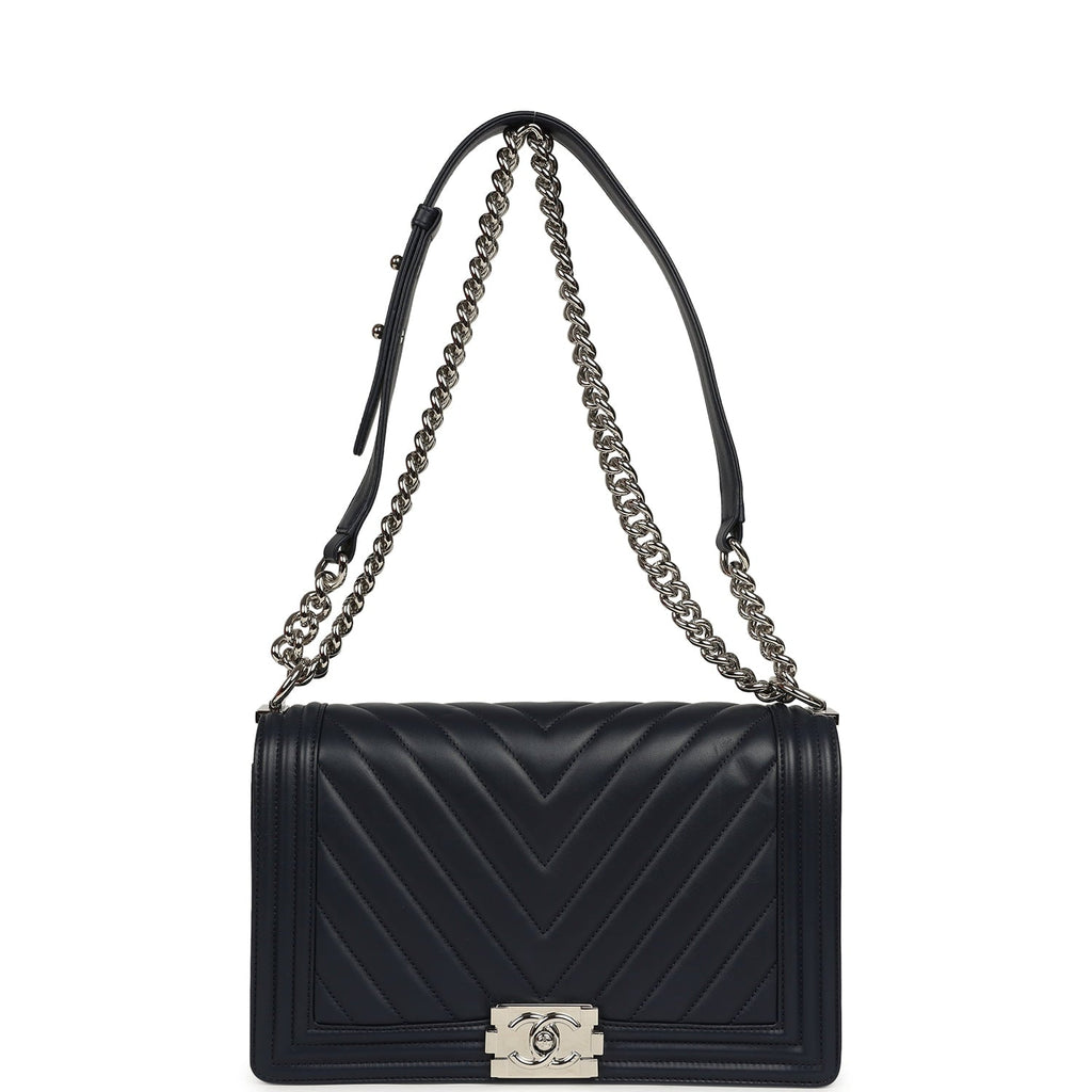 New Medium Chevron Boy Bag Navy Blue Calfskin Silver Hardware