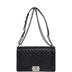 New Medium Chevron Boy Bag Navy Blue Calfskin Silver Hardware