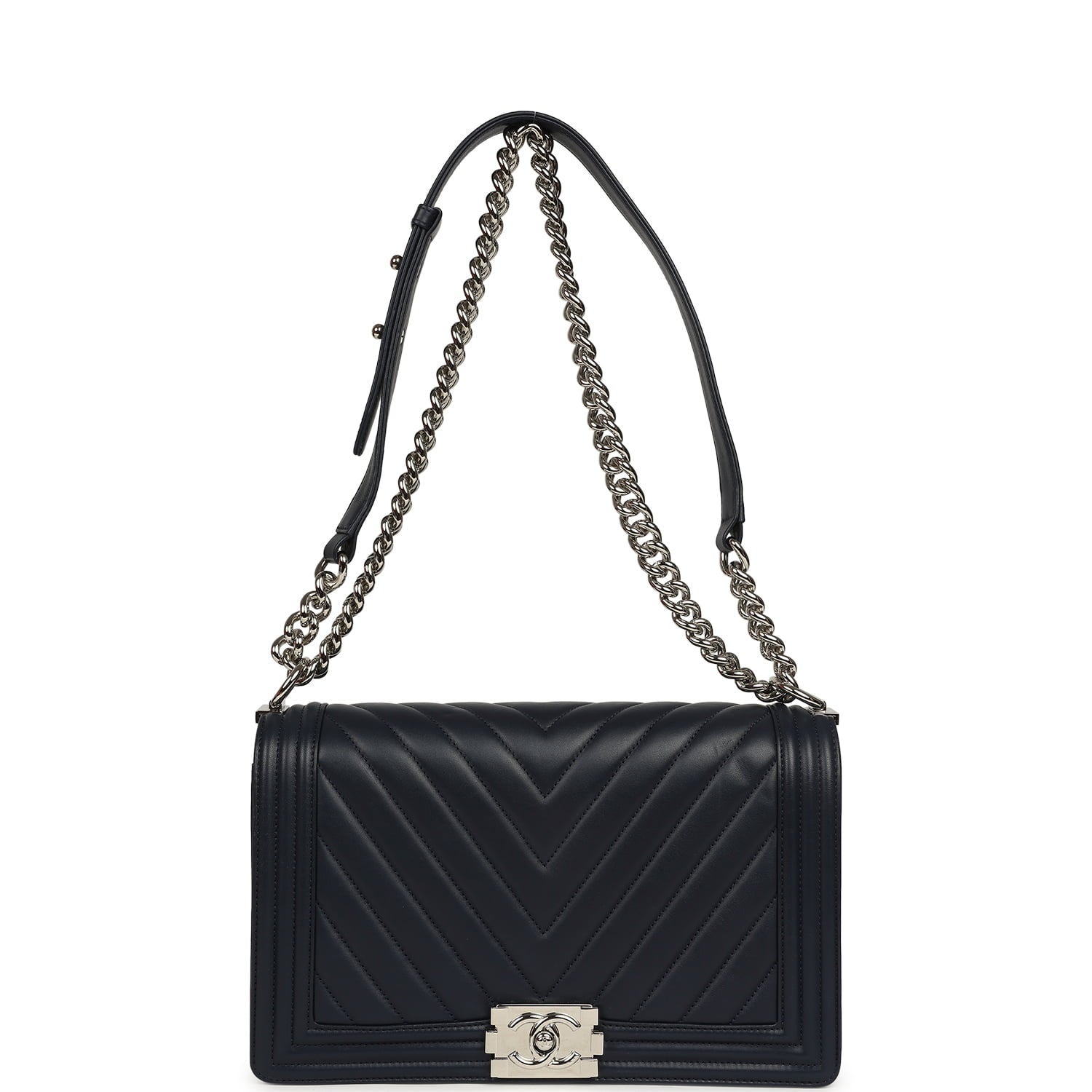 New Medium Chevron Boy Bag Navy Blue Calfskin Silver Hardware