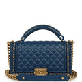 Medium Top Handle Braided Boy Bag Blue Lambskin Antique Gold Hardware