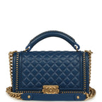 Medium Top Handle Braided Boy Bag Blue Lambskin Antique Gold Hardware
