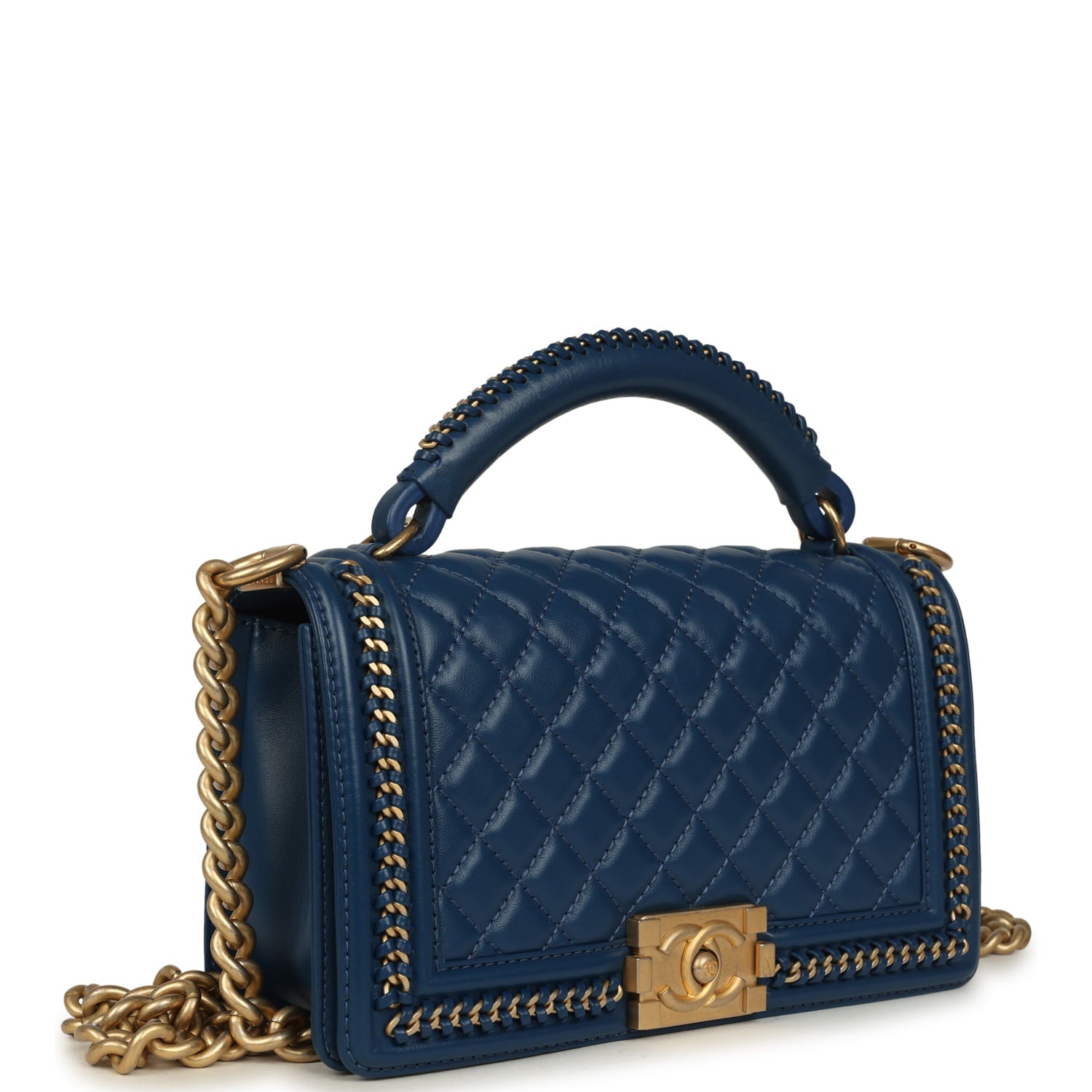 Medium Top Handle Braided Boy Bag Blue Lambskin Antique Gold Hardware