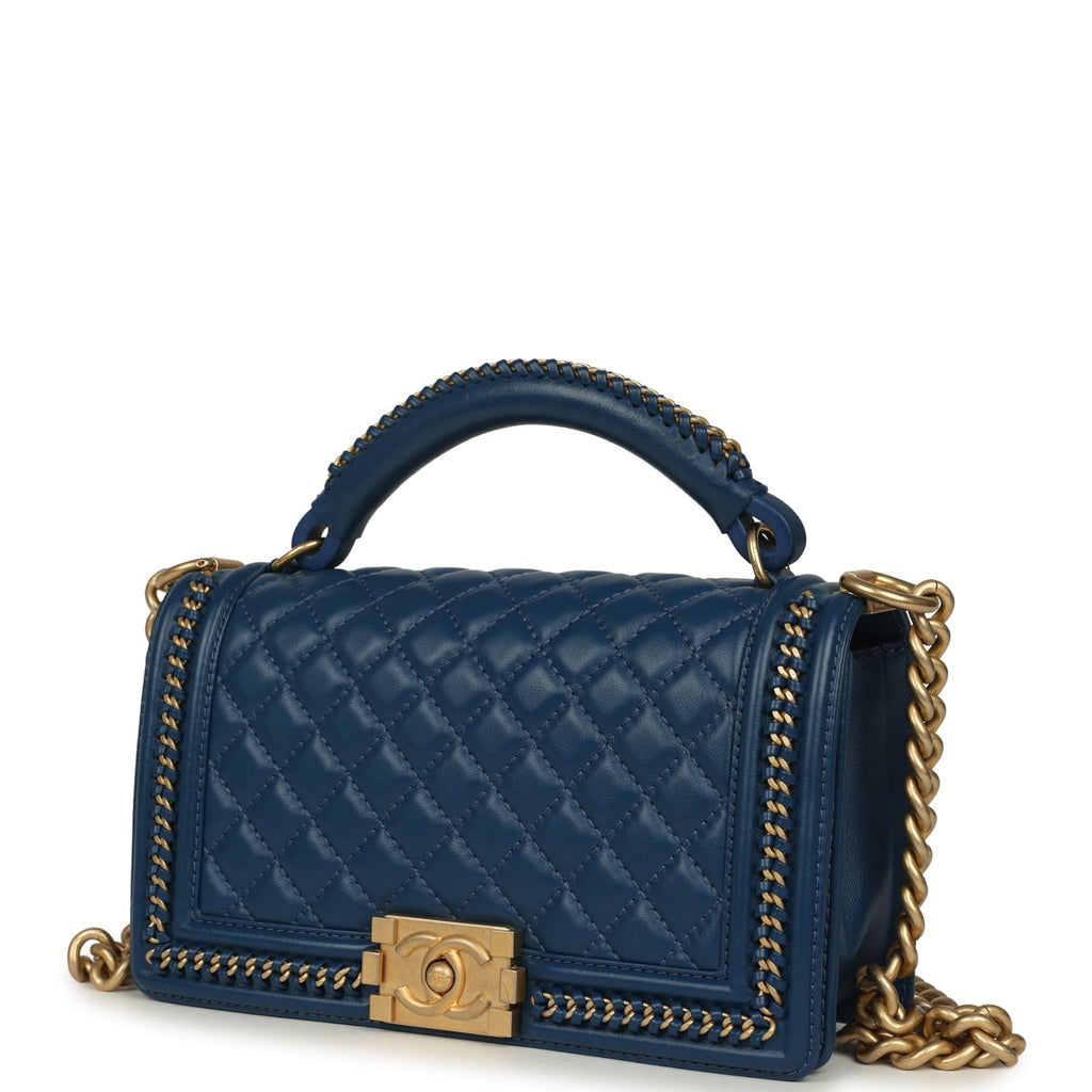 Medium Top Handle Braided Boy Bag Blue Lambskin Antique Gold Hardware