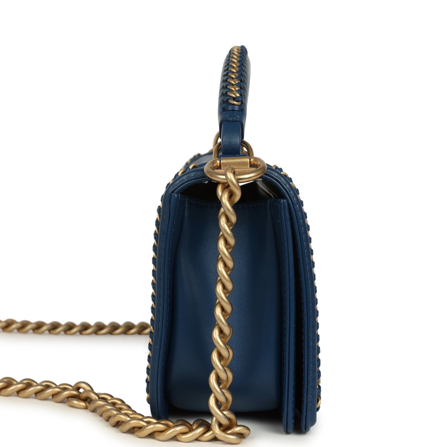 Medium Top Handle Braided Boy Bag Blue Lambskin Antique Gold Hardware