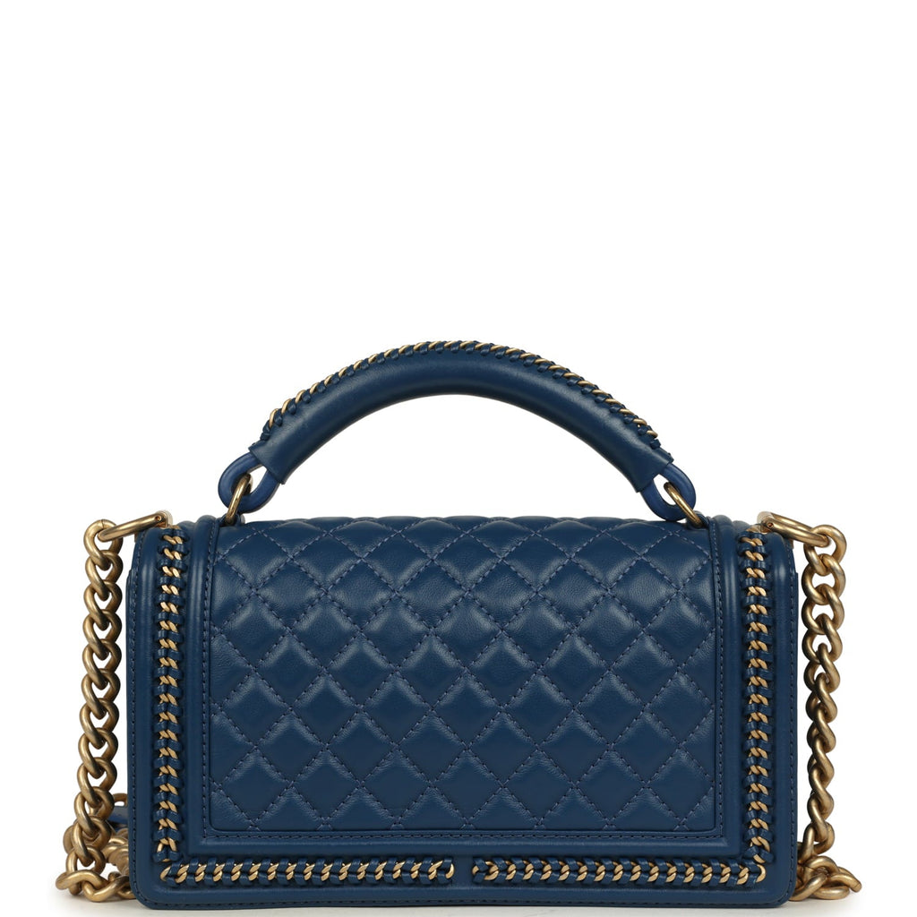 Medium Top Handle Braided Boy Bag Blue Lambskin Antique Gold Hardware