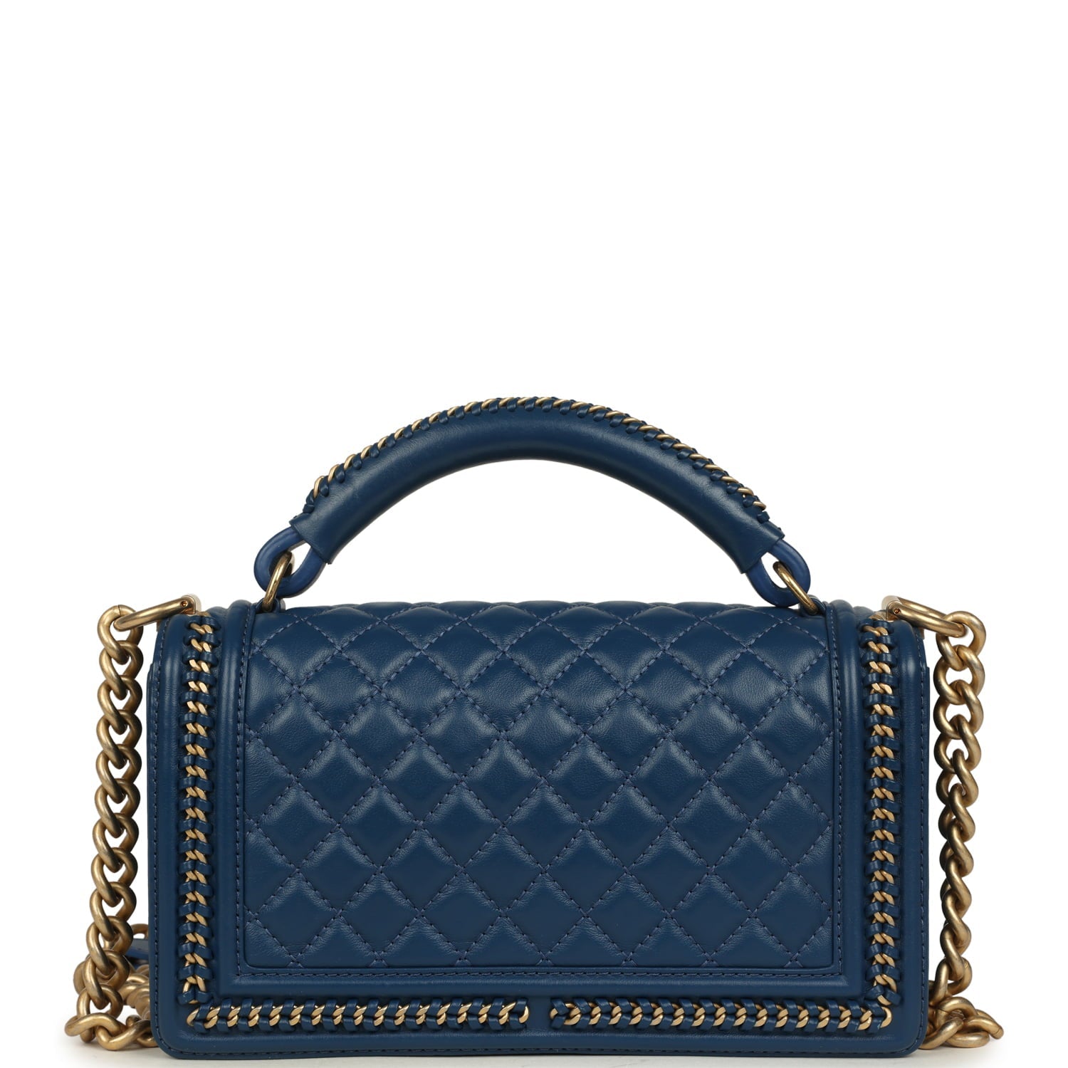 Medium Top Handle Braided Boy Bag Blue Lambskin Antique Gold Hardware