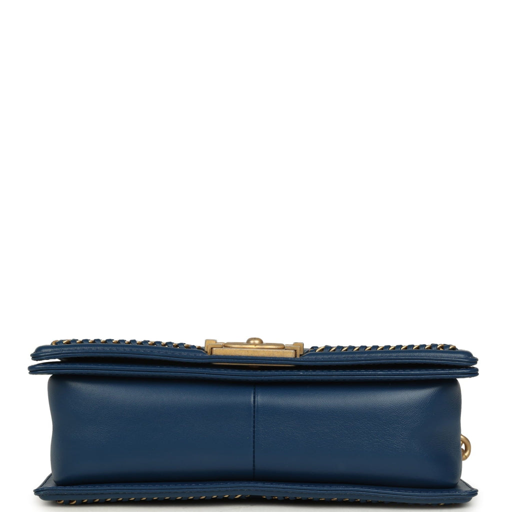 Medium Top Handle Braided Boy Bag Blue Lambskin Antique Gold Hardware