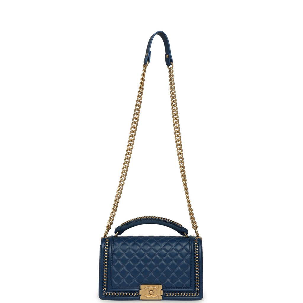Medium Top Handle Braided Boy Bag Blue Lambskin Antique Gold Hardware