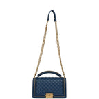 Medium Top Handle Braided Boy Bag Blue Lambskin Antique Gold Hardware