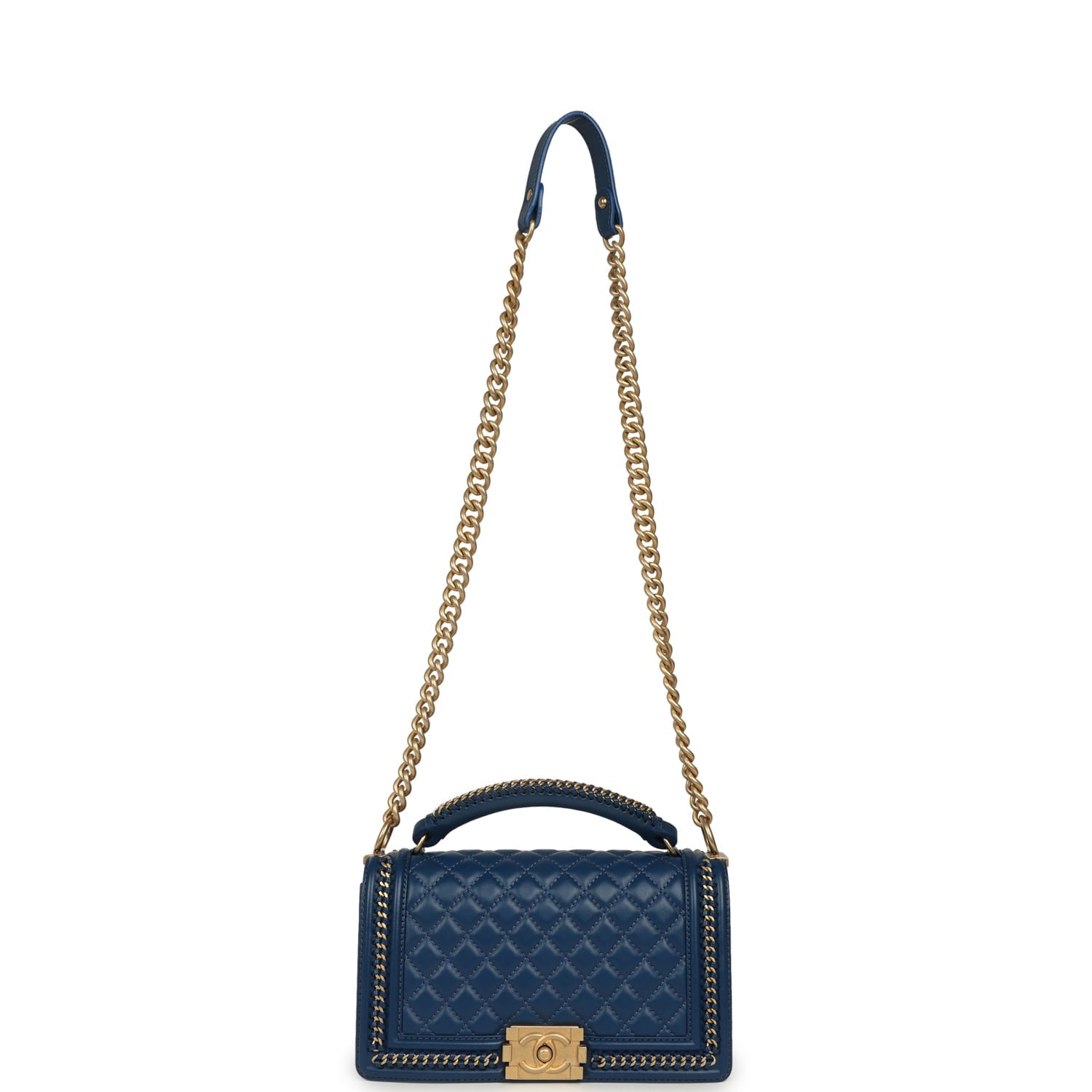 Medium Top Handle Braided Boy Bag Blue Lambskin Antique Gold Hardware