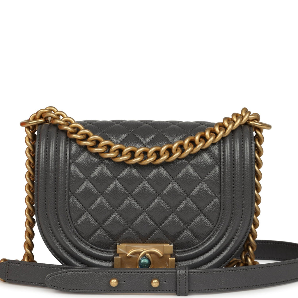 Small Boy Messenger Bag Dark Grey Shiny Caviar Antique Gold Hardware