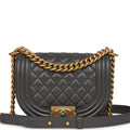 Small Boy Messenger Bag Dark Grey Shiny Caviar Antique Gold Hardware