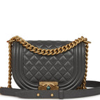 Small Boy Messenger Bag Dark Grey Shiny Caviar Antique Gold Hardware