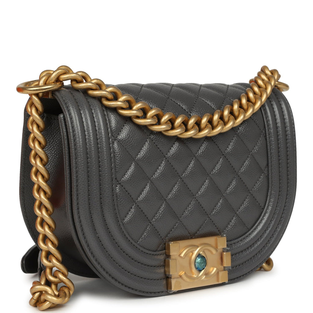 Small Boy Messenger Bag Dark Grey Shiny Caviar Antique Gold Hardware