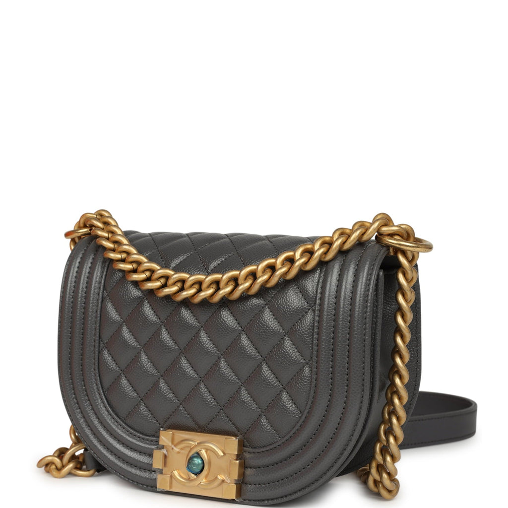 Small Boy Messenger Bag Dark Grey Shiny Caviar Antique Gold Hardware