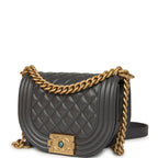 Small Boy Messenger Bag Dark Grey Shiny Caviar Antique Gold Hardware