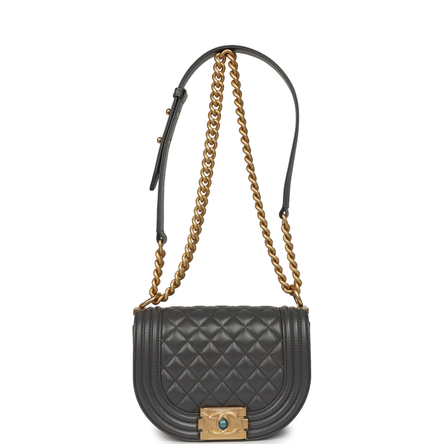 Small Boy Messenger Bag Dark Grey Shiny Caviar Antique Gold Hardware