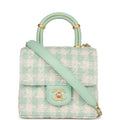 Mini Square Flap with Top Handle Turquoise and Ecru Tweed Antique Gold Hardware