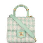Mini Square Flap with Top Handle Turquoise and Ecru Tweed Antique Gold Hardware