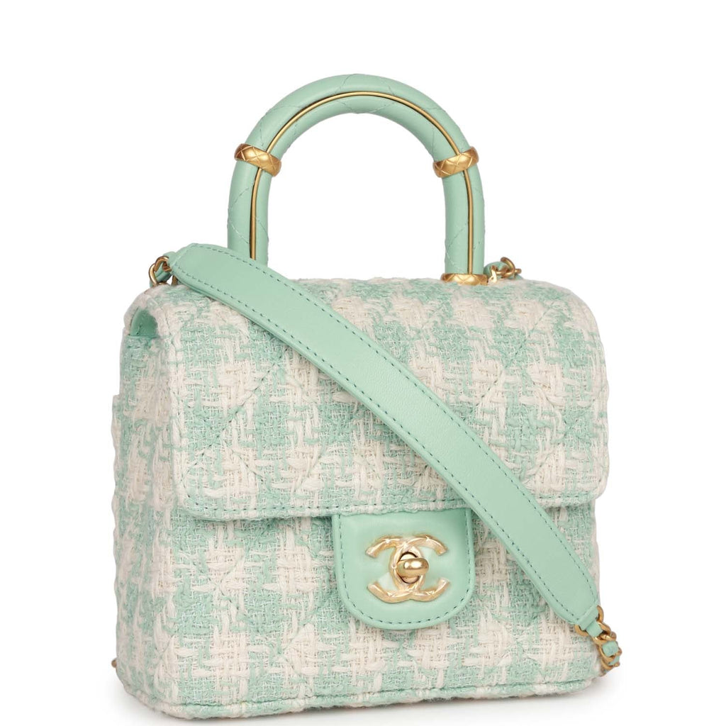 Mini Square Flap with Top Handle Turquoise and Ecru Tweed Antique Gold Hardware
