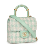 Mini Square Flap with Top Handle Turquoise and Ecru Tweed Antique Gold Hardware