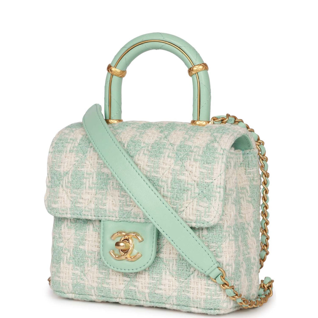 Mini Square Flap with Top Handle Turquoise and Ecru Tweed Antique Gold Hardware
