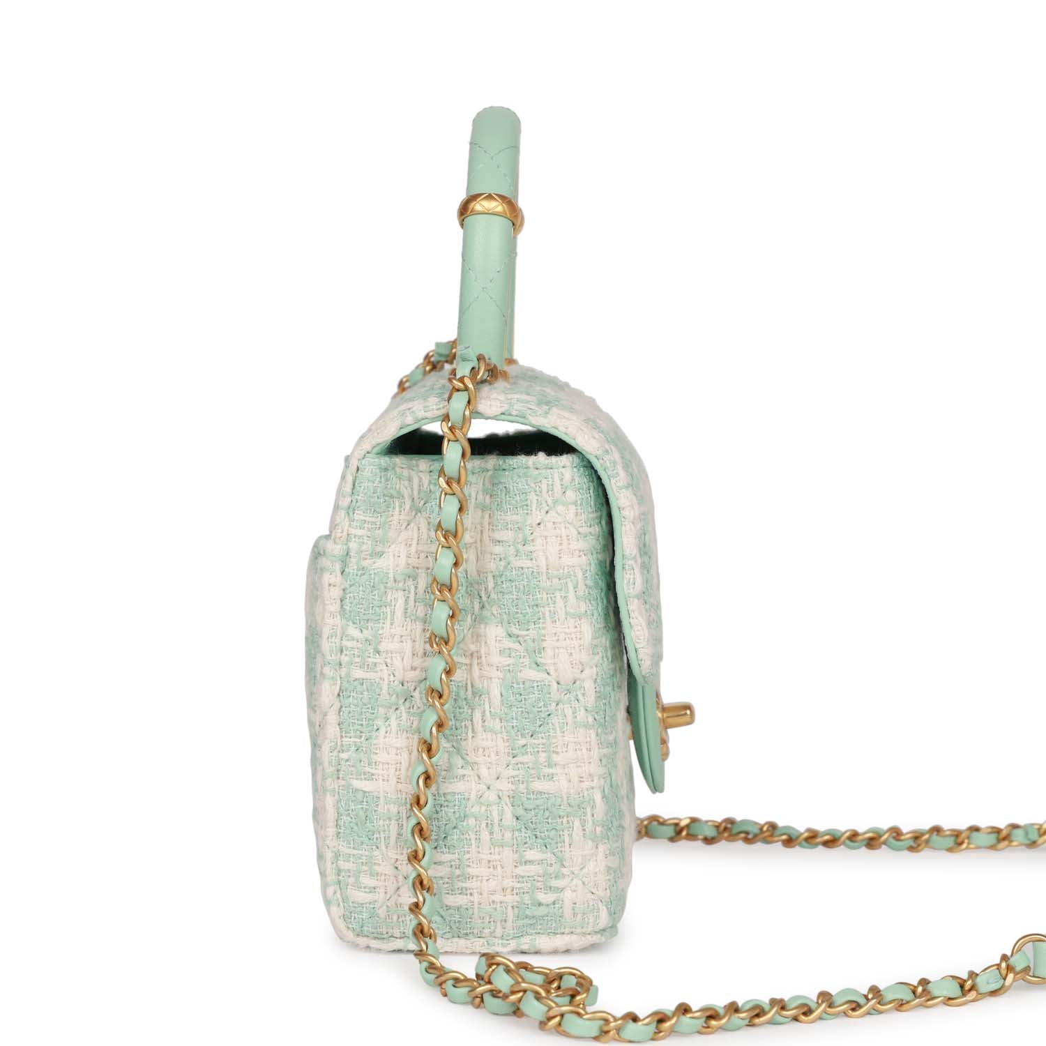 Mini Square Flap with Top Handle Turquoise and Ecru Tweed Antique Gold Hardware
