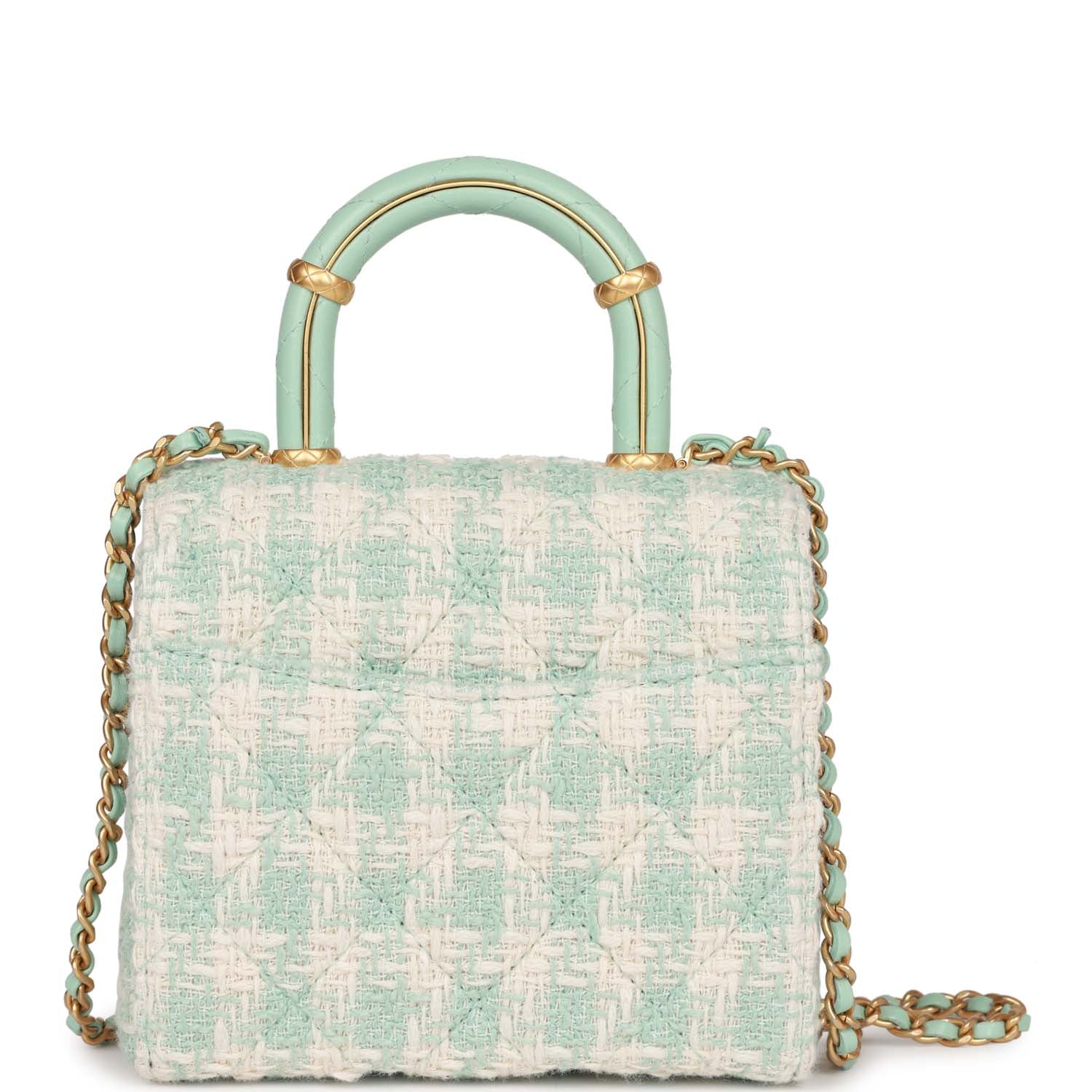Mini Square Flap with Top Handle Turquoise and Ecru Tweed Antique Gold Hardware