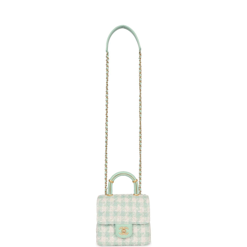 Mini Square Flap with Top Handle Turquoise and Ecru Tweed Antique Gold Hardware