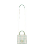 Mini Square Flap with Top Handle Turquoise and Ecru Tweed Antique Gold Hardware
