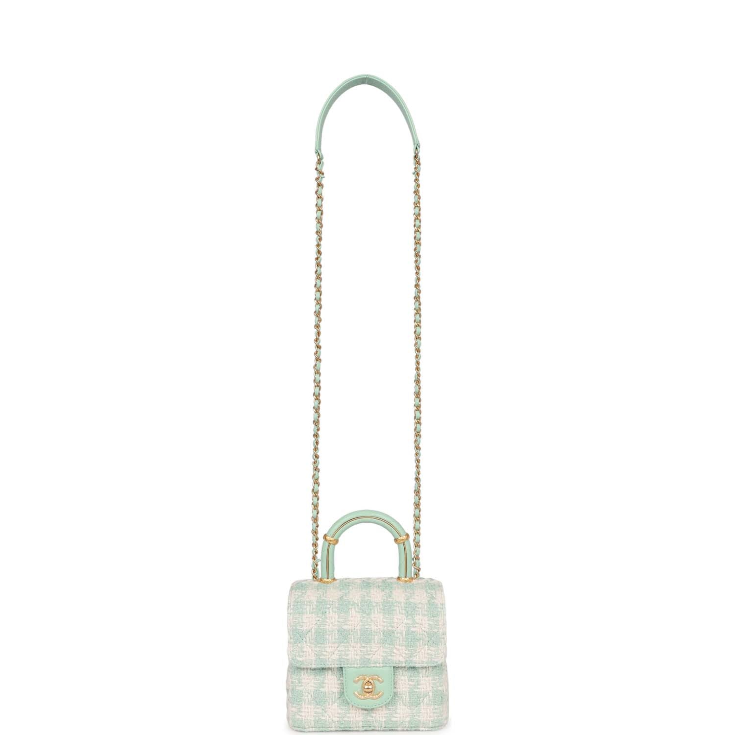 Mini Square Flap with Top Handle Turquoise and Ecru Tweed Antique Gold Hardware