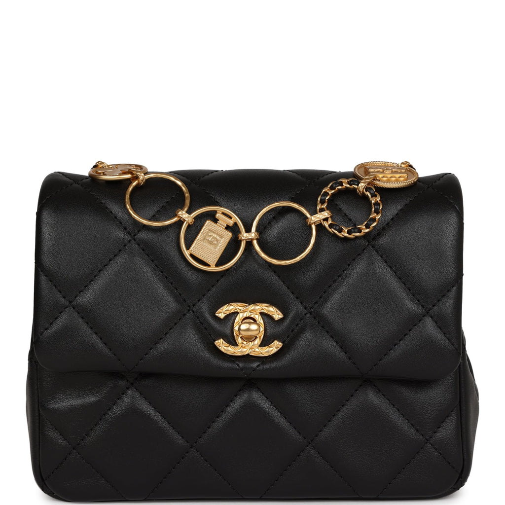 Mini Charms Flap Bag Black Lambskin Brushed Gold Hardware
