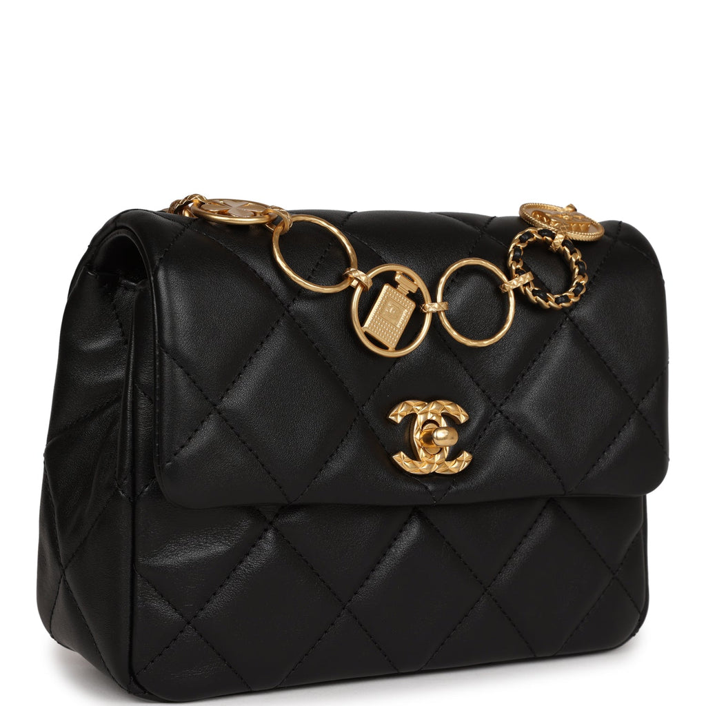 Mini Charms Flap Bag Black Lambskin Brushed Gold Hardware