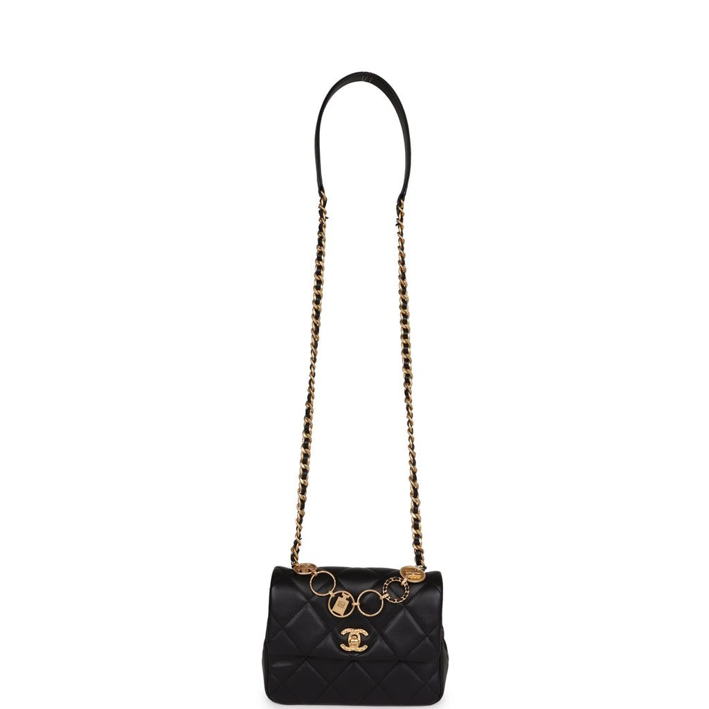 Mini Charms Flap Bag Black Lambskin Brushed Gold Hardware