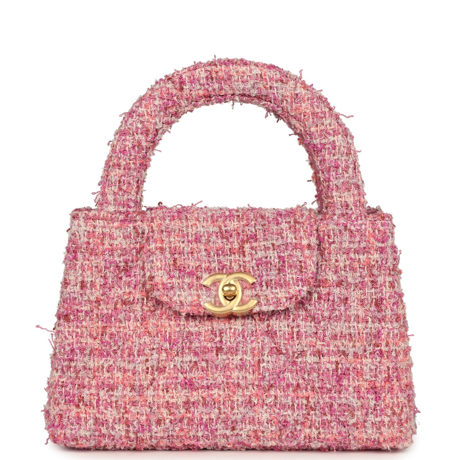 Small Kelly Shopper Pink Tweed Brushed Gold Hardware