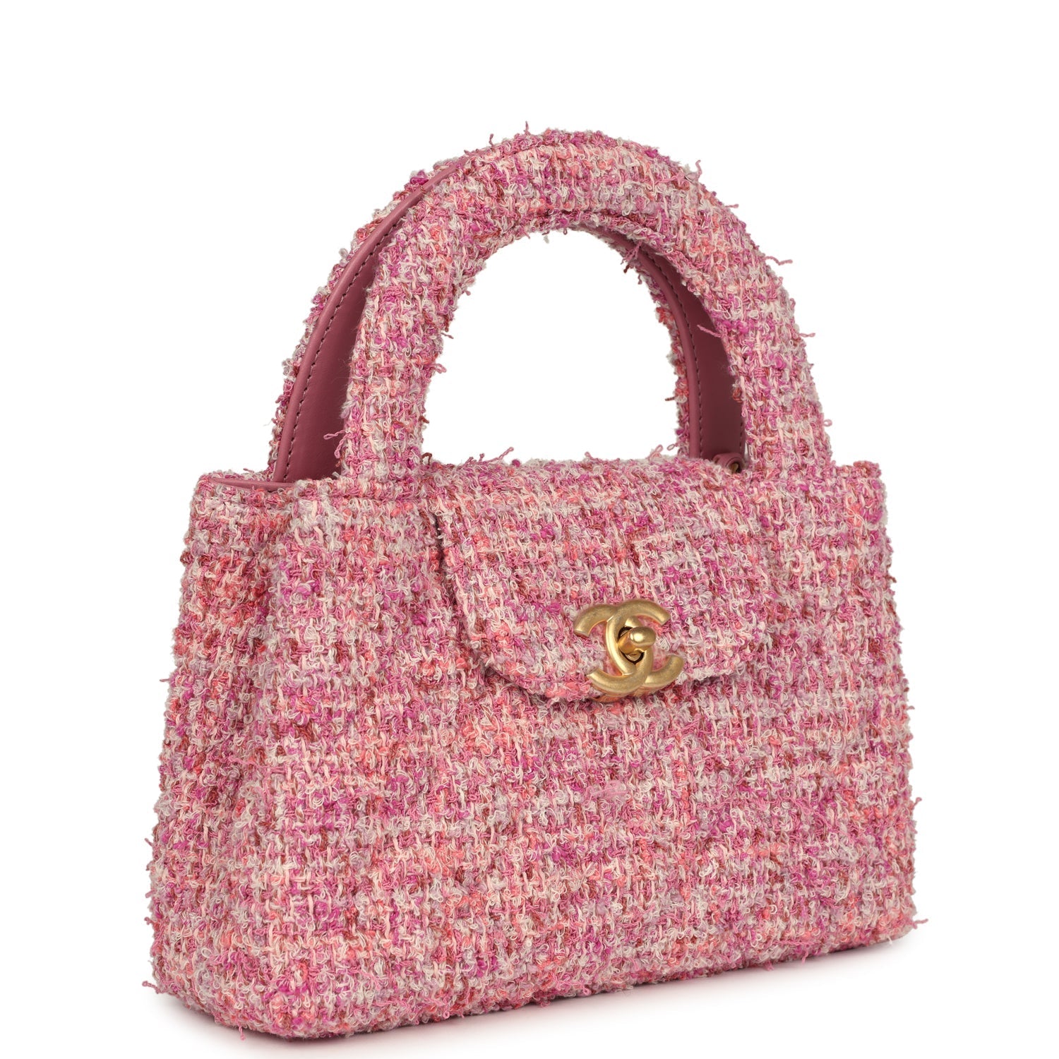 Small Kelly Shopper Pink Tweed Brushed Gold Hardware