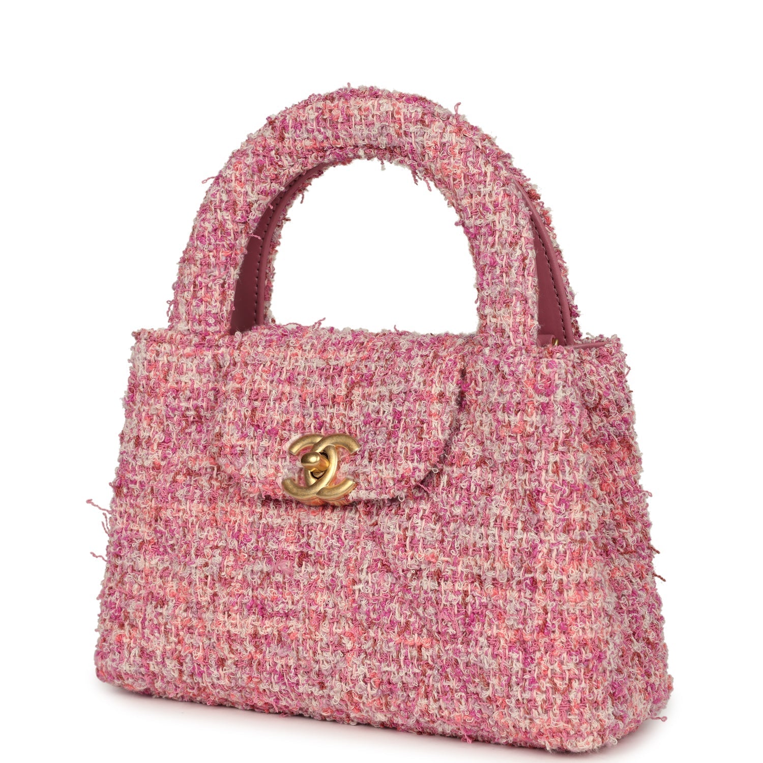 Small Kelly Shopper Pink Tweed Brushed Gold Hardware