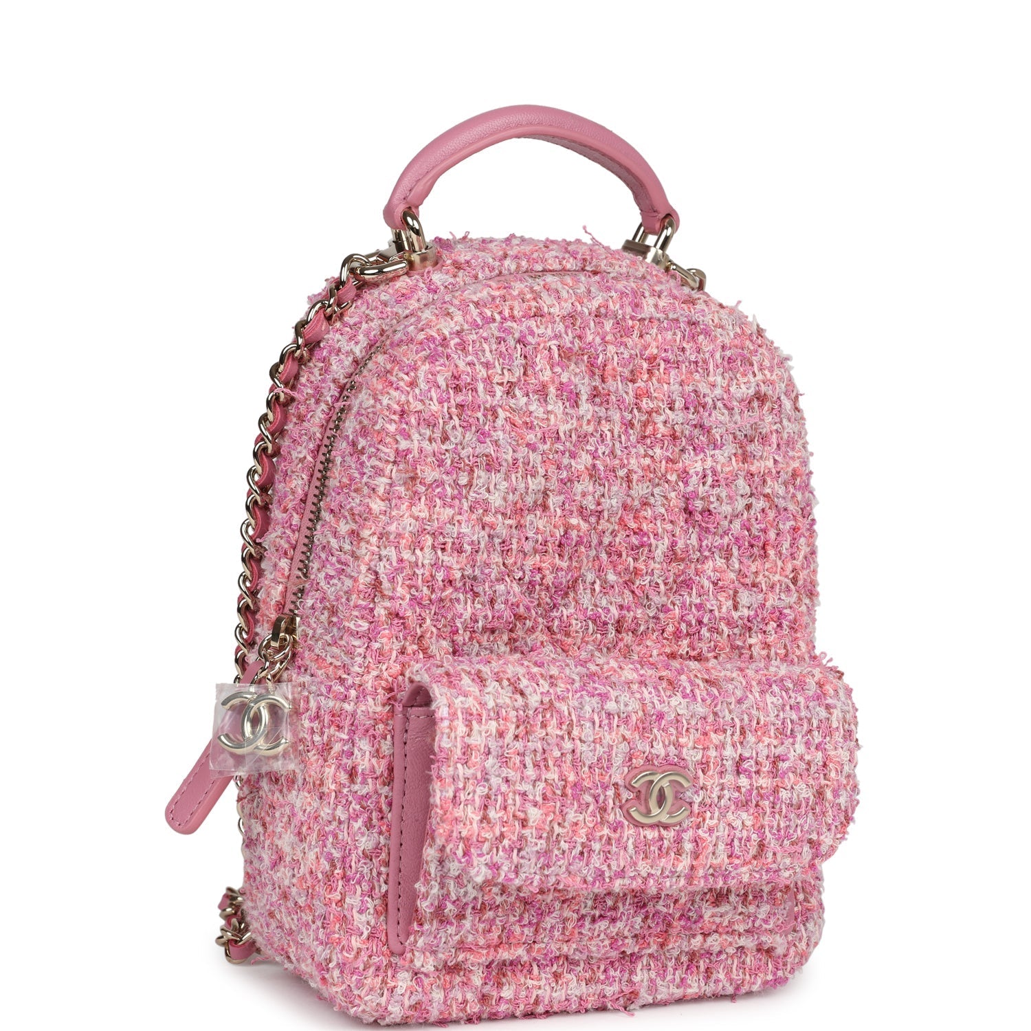 Mini Phone Holder Backpack with Chain Pink Multicolor Tweed Light Gold Hardware