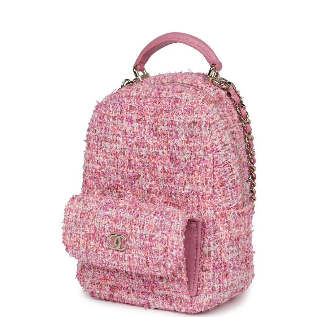 Mini Phone Holder Backpack with Chain Pink Multicolor Tweed Light Gold Hardware
