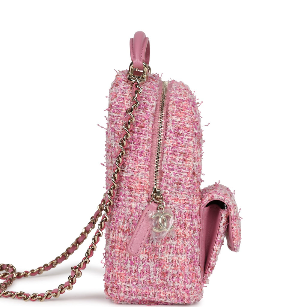 Mini Phone Holder Backpack with Chain Pink Multicolor Tweed Light Gold Hardware