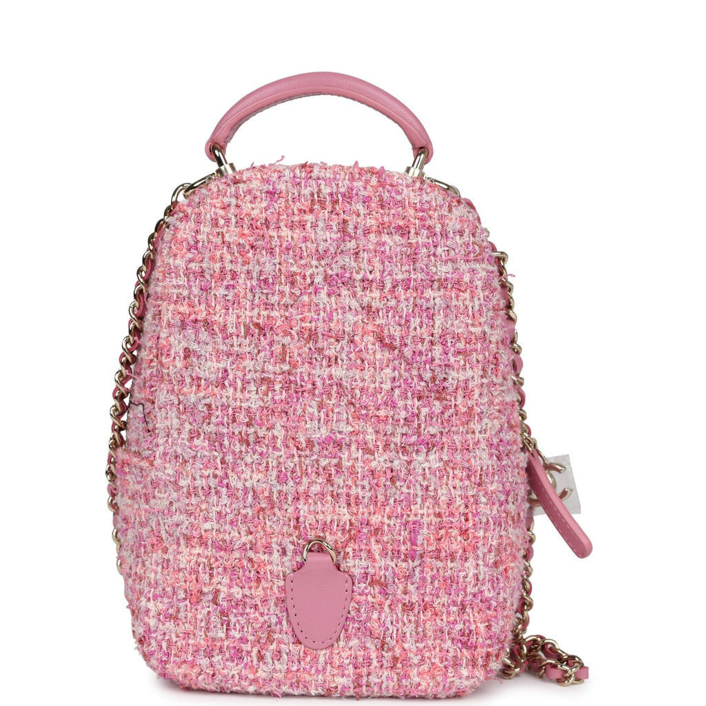Mini Phone Holder Backpack with Chain Pink Multicolor Tweed Light Gold Hardware