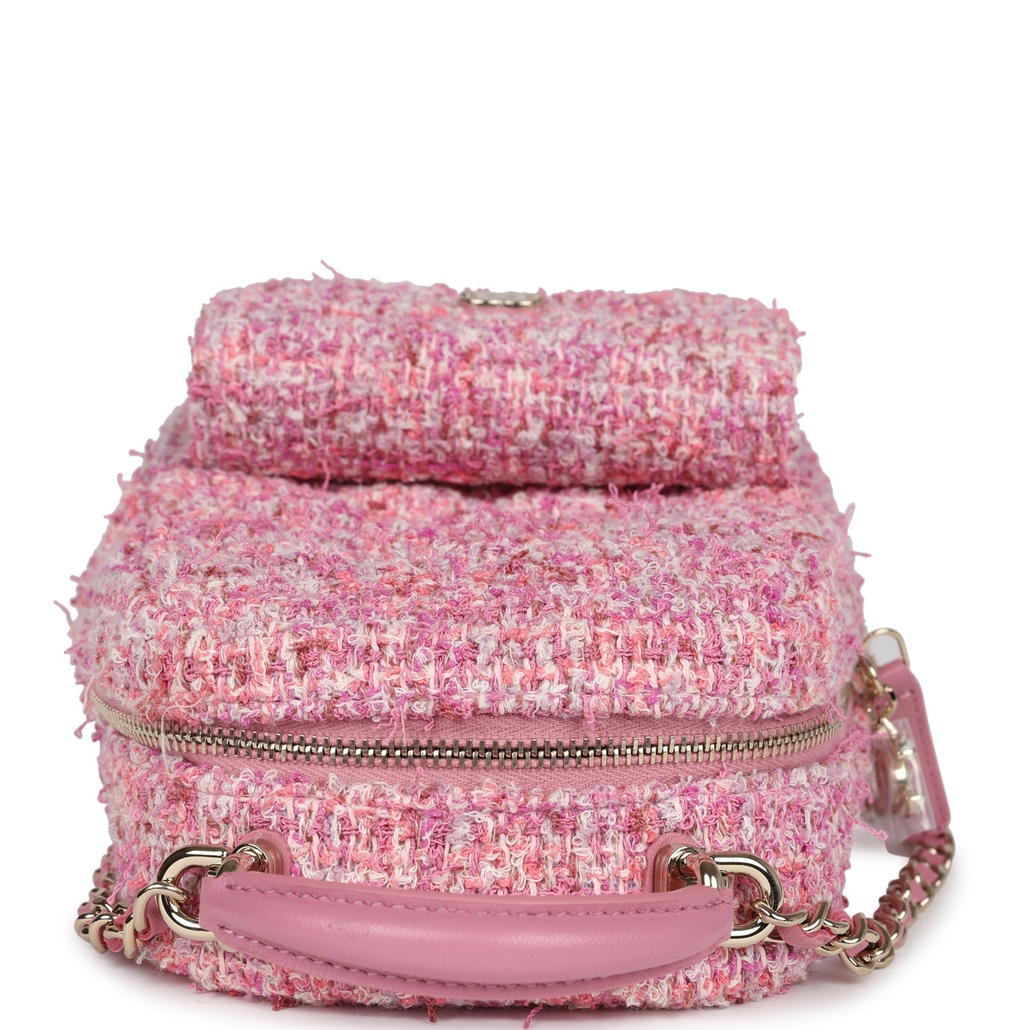 Mini Phone Holder Backpack with Chain Pink Multicolor Tweed Light Gold Hardware