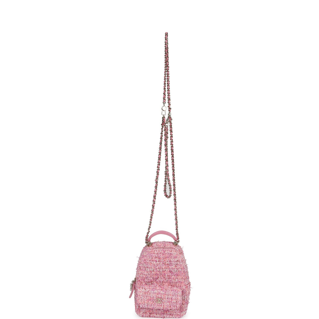 Mini Phone Holder Backpack with Chain Pink Multicolor Tweed Light Gold Hardware