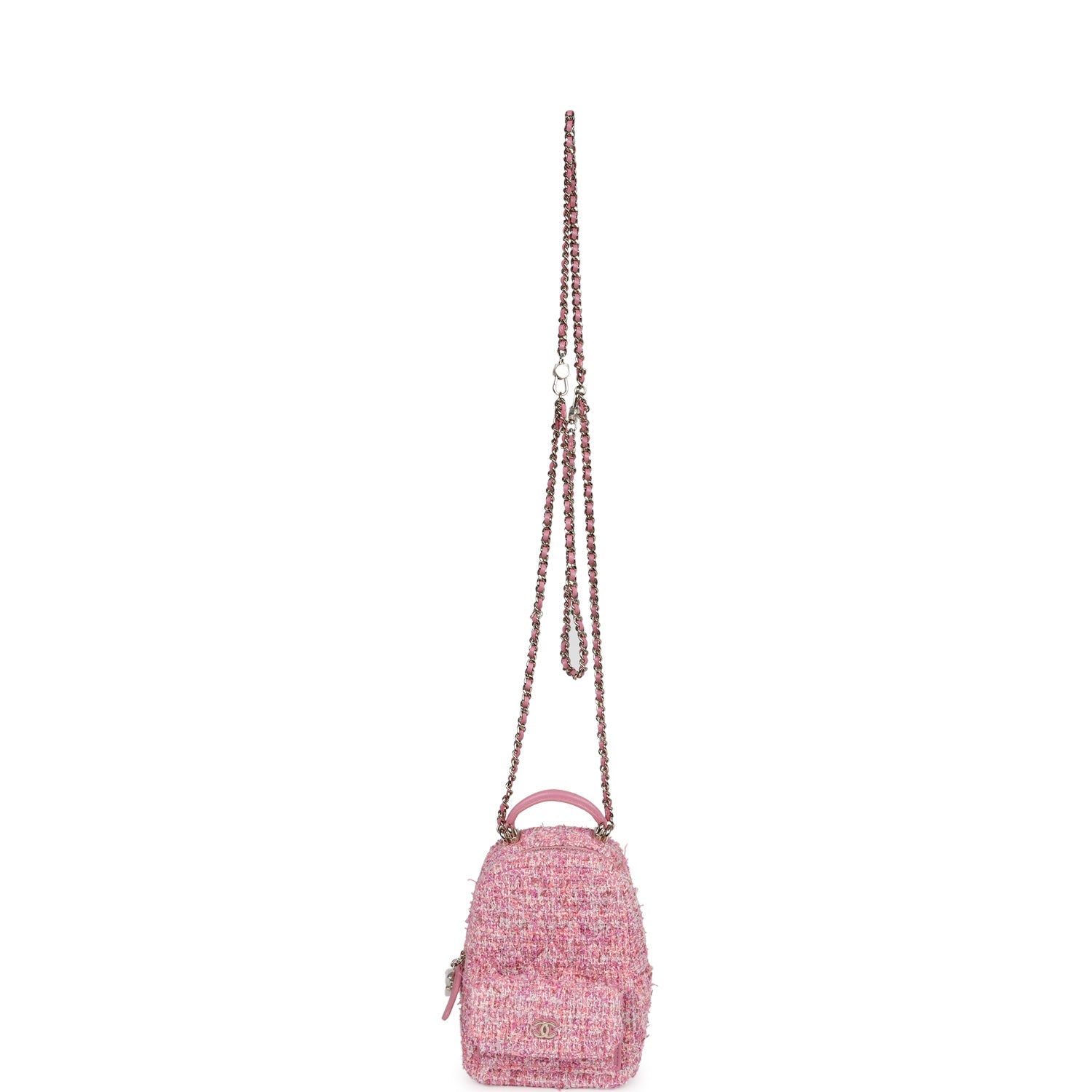 Mini Phone Holder Backpack with Chain Pink Multicolor Tweed Light Gold Hardware