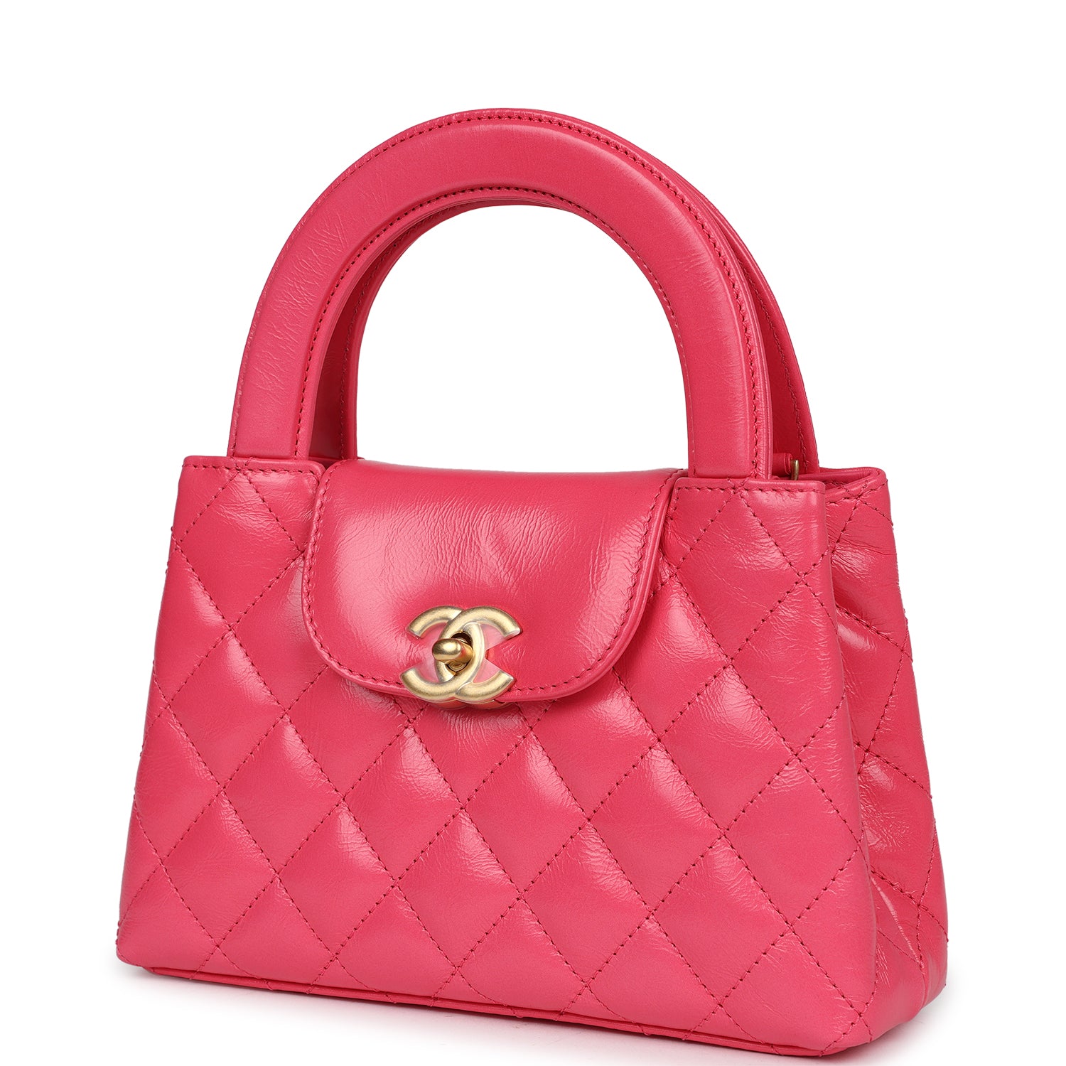 Small Kelly Shopper Dark Pink Shiny Aged Calfskin Brushed Gold Hardware