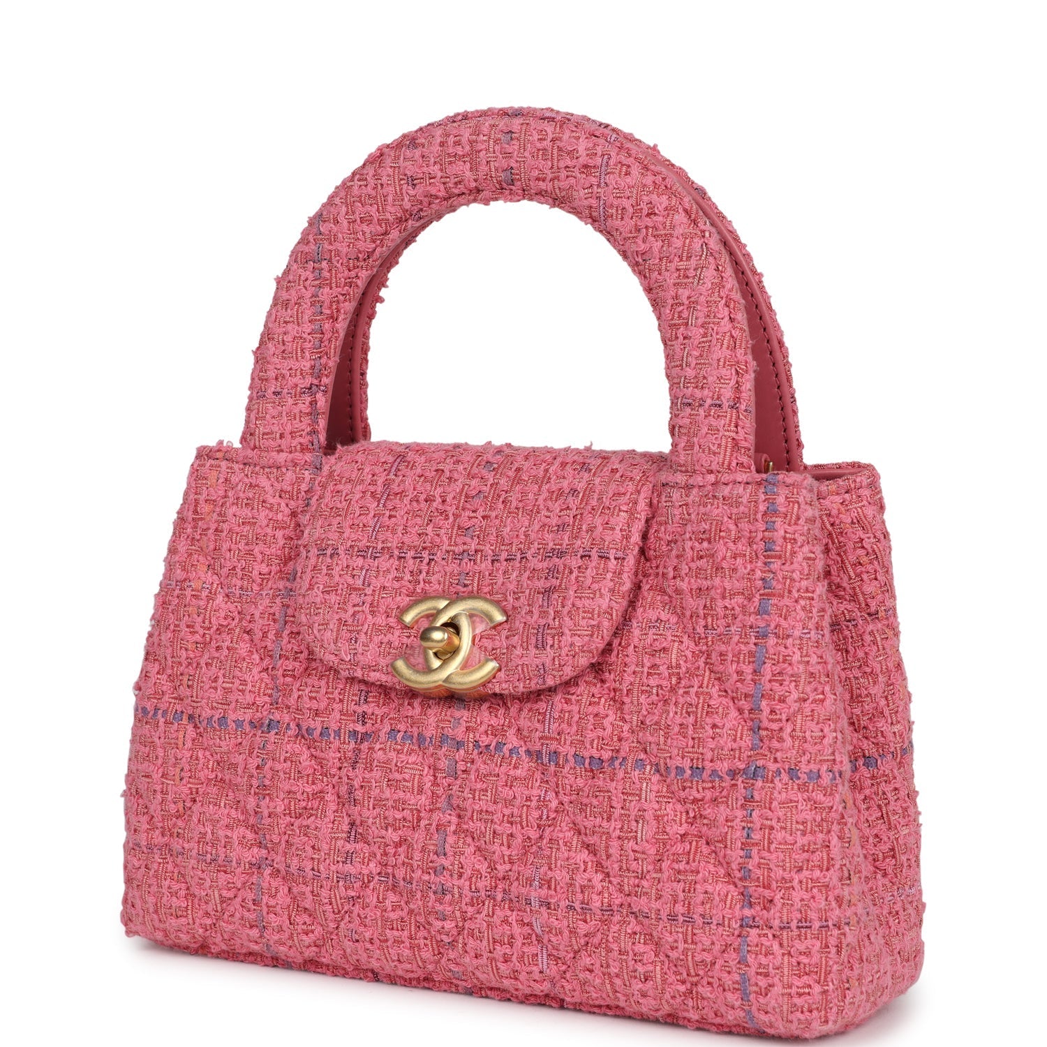 Small Kelly Shopper Pink Tweed Brushed Gold Hardware