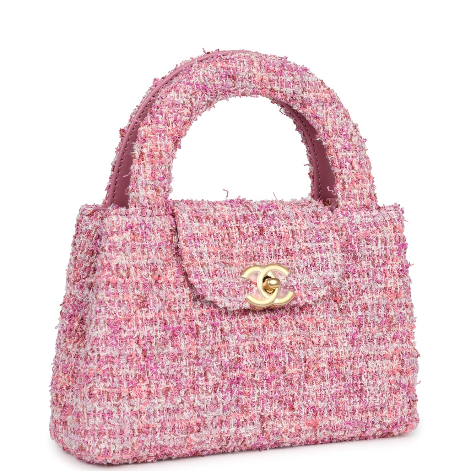 Small Kelly Shopper Pink Tweed Brushed Gold Hardware