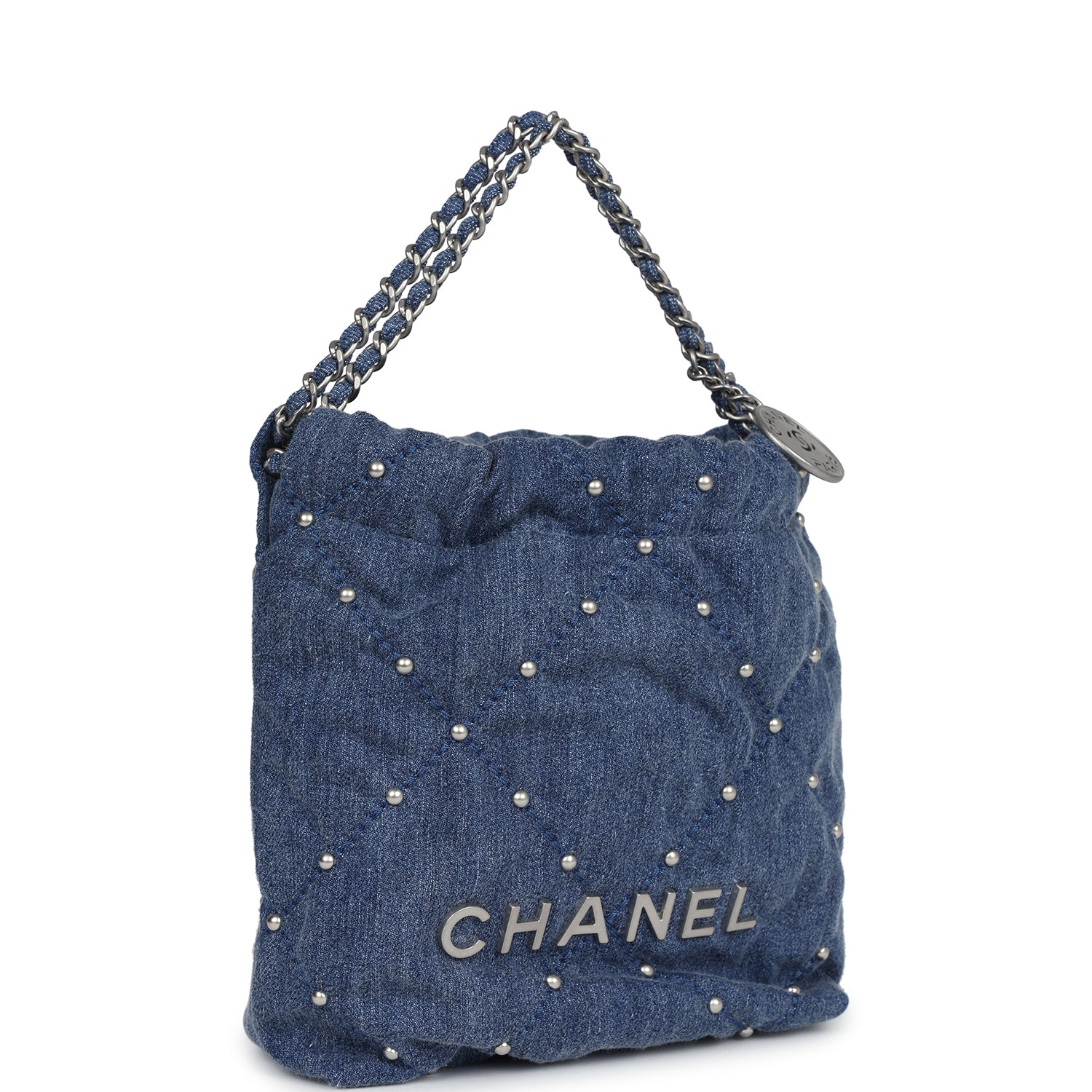 Mini 22 Bag Blue Studded Denim Silver Hardware