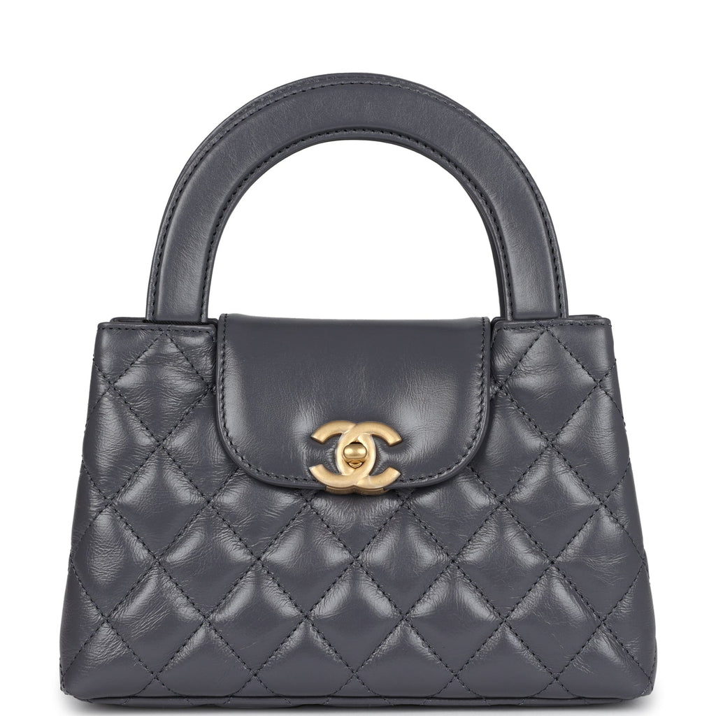 Small Kelly Shopper Dark Grey Shiny Aged Calfskin Brushed Gold Hardware
