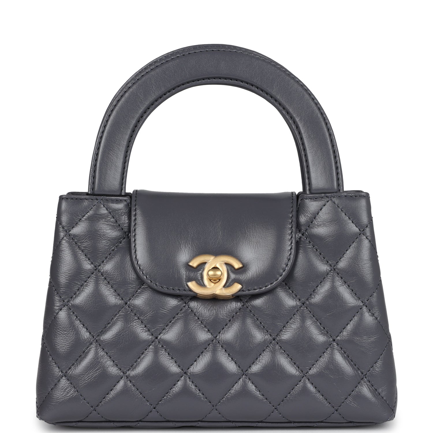 Small Kelly Shopper Dark Grey Shiny Aged Calfskin Brushed Gold Hardware